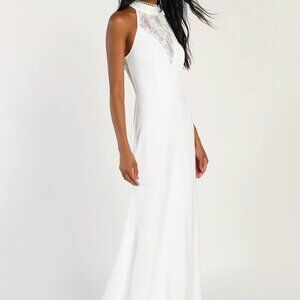 Lulus Cherished Love Story White Lace Halter Mermaid Maxi Dress - Size S